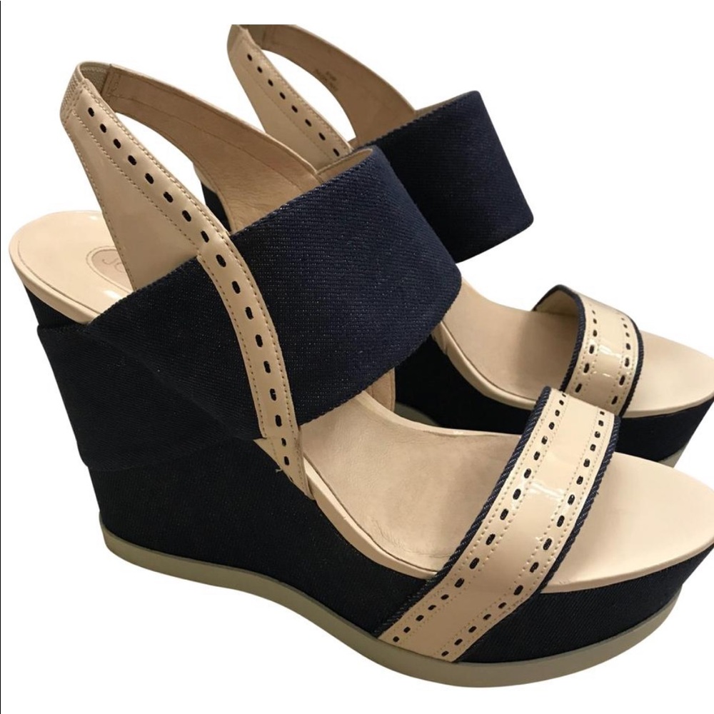 Joan & David- Denim platform wedge blue/tan “5” heels